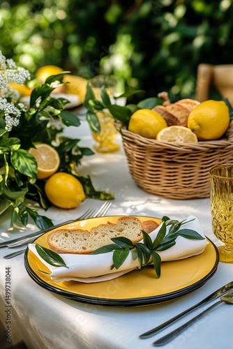 Yellow Themed Outdoor Dining Setup With Lemons and Fresh Bread on a Sunny Day