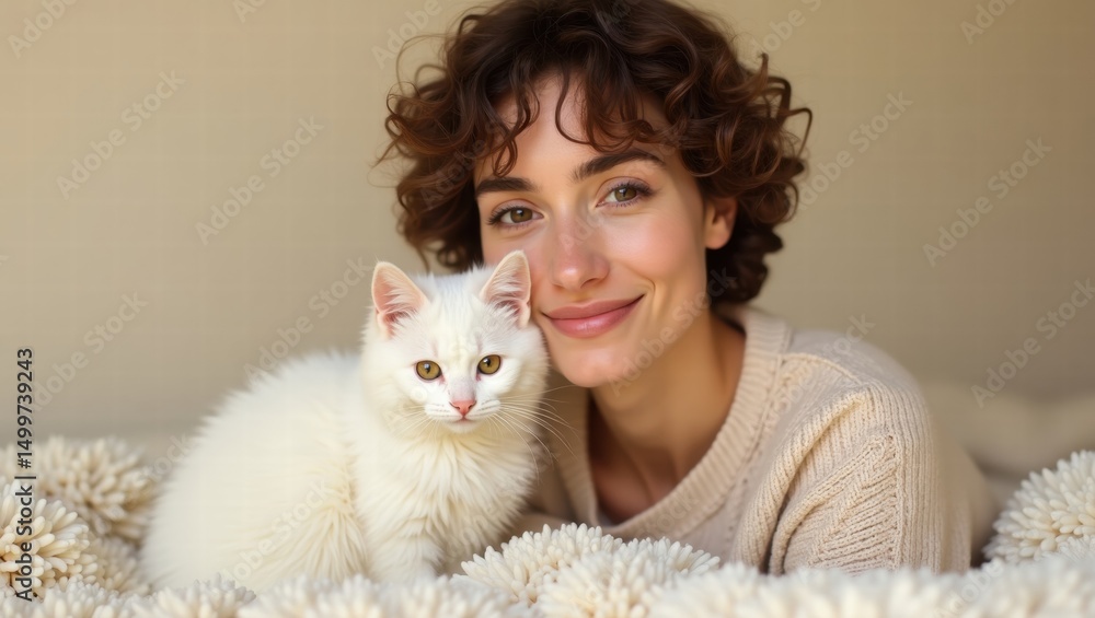 Young woman smiling while holding white cat on soft blanket Young woman smiling while holding white cat on soft blanket