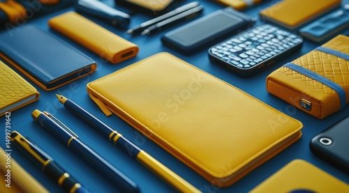 Wallpaper Mural Overhead view of yellow and blue stationery, including notebooks, pens, and electronics on a blue background. Torontodigital.ca