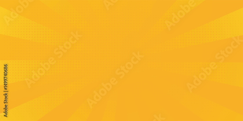 Retro orange sun rays on yellow halftone pattern background. Dotted or noise texture. Bright pixel art comic and pop-up design. Vector wall for poster, banner, advertising.