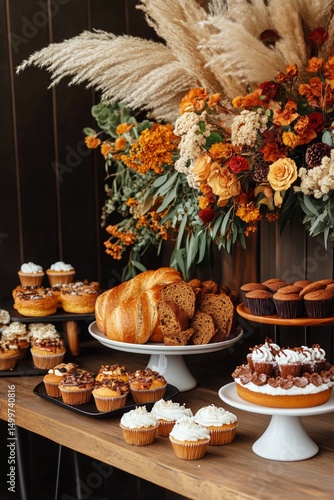 Delightful Dessert Display Featuring Cupcakes, Bread, and Floral Arrangement ...