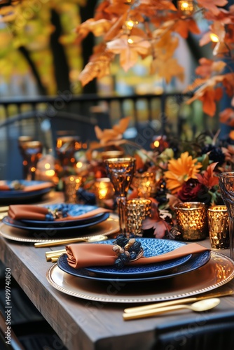 Elegant Autumn Dinner Setting With Warm Lights and Seasonal Decorations at Su...
