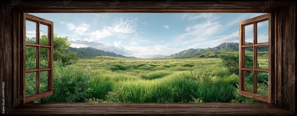 Fototapeta premium Rustic wooden window framing green fields background, rustic wooden window framing green fields illustration, rustic wooden window framing green fields design with blank space for text overlay.