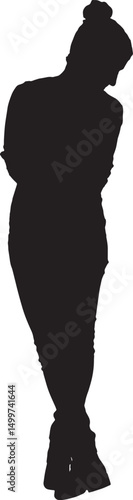  vector; silhouette of a front view of a woman stading and looking down, legs crossed