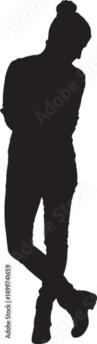  vector; silhouette of a front view of a woman stading and looking down, legs crossed