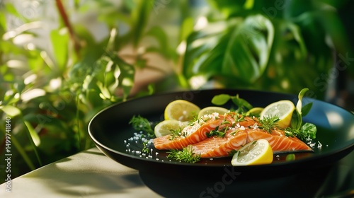 Freshly Prepared Salmon Fillet Garnished With Herbs and Lemons in a Vibrant G...