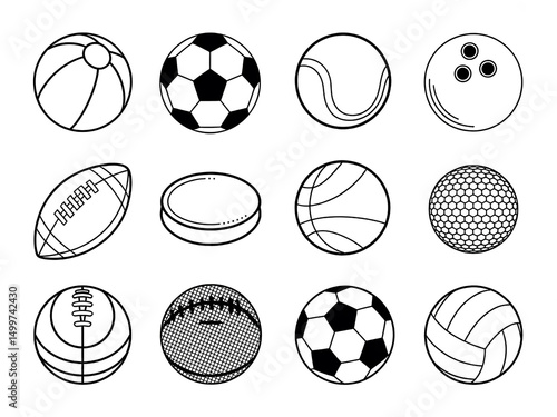 Collection of Twelve Line Art Sports Balls Illustration Graphic