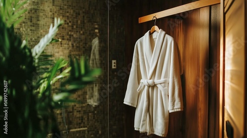 Cozy White Bathrobe Hanging in a Luxurious Spa Setting With Elegant Decor