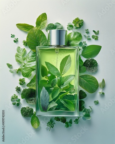 Glass Bottle Filled With Green Herbal Essence Surrounded by Fresh Leaves