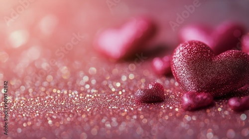 Vibrant Hearts Scattered on a Sparkling Pink Background for Festive Celebrations