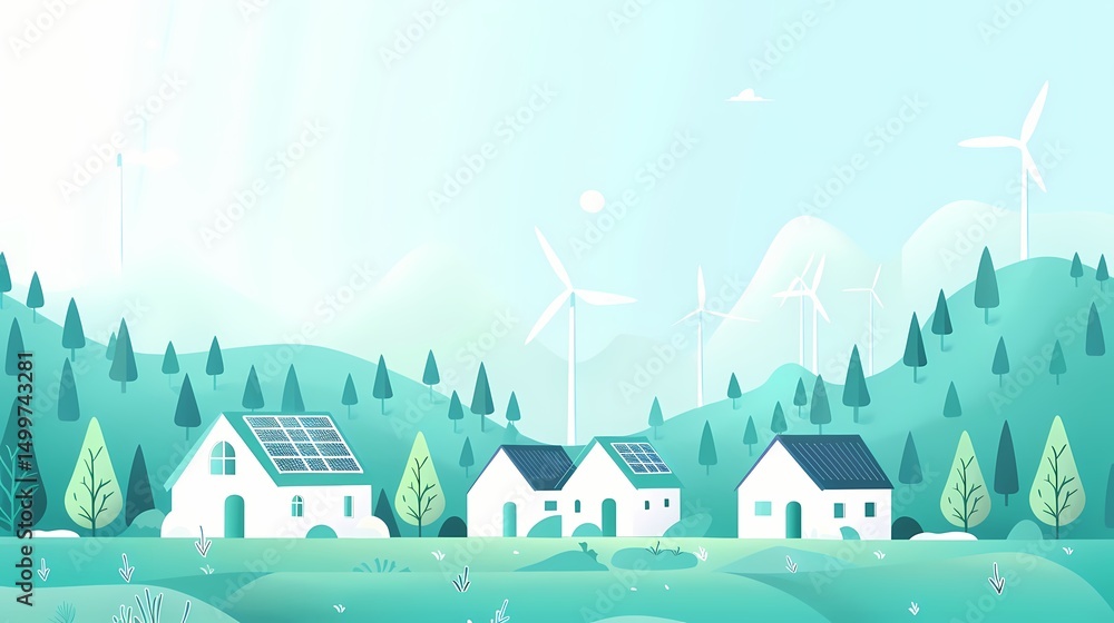 Naklejka premium Sustainable village, Green energy, eco friendly homes, renewable resources, environmental conservation