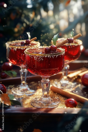 Festive Cocktail Display With Cherries and Cinnamon on a Wooden Tray During a...