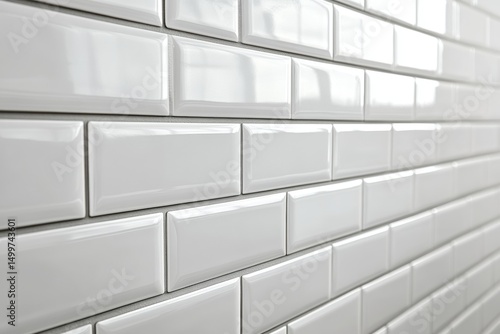 Ceramic tiles with a glossy finish and beveled edges set into horizontal brickwork. The sleek and clean wall design is ideal for kitchens and bathrooms with a minimalist or modern aesthetic. Banner © Evgenii