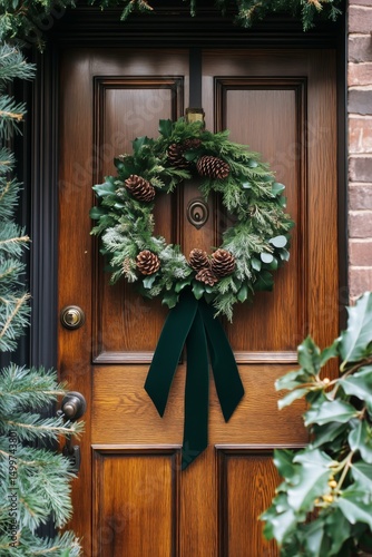 Elegant Wreath Adorned With Pinecones Hangs on a Wooden Front Door During Win...