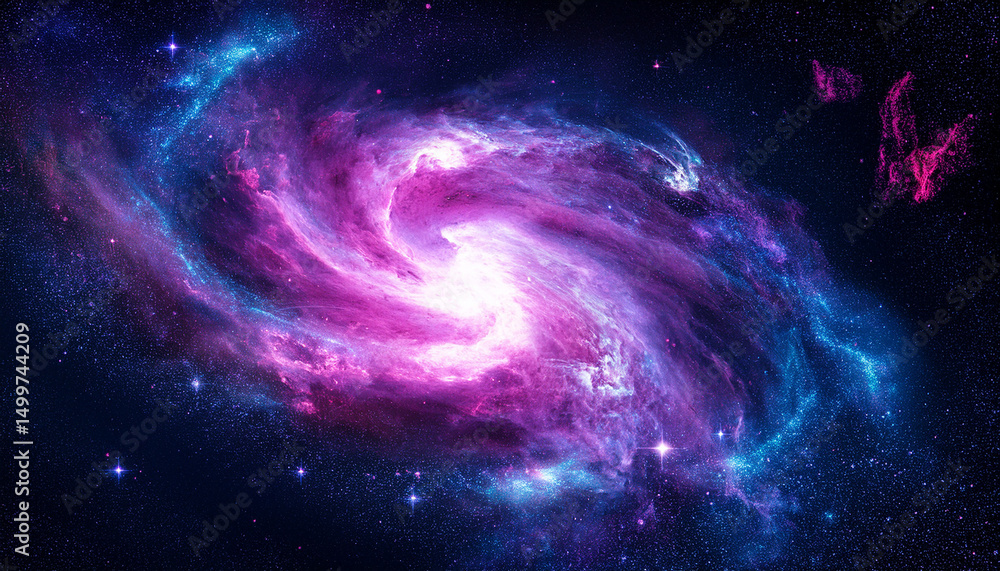 Naklejka premium Ultra deep space background, glowing nebula with vivid purple, blue and pink colors, swirling galaxy center, sparkling stars and cosmic dust, high contrast, sci-fi atmosphere, photorealistic style.