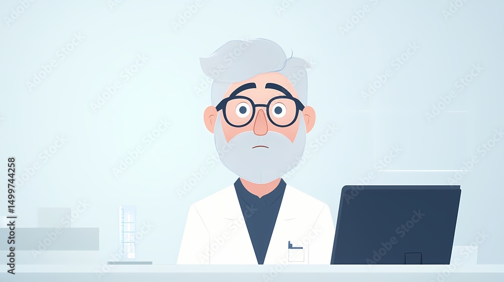 Cartoon illustration of a concerned doctor sitting at his desk, worried expression. Medical, healthcare, concern concept. Cartoon illustration of a concerned doctor sitting at his desk, worried expression. Medical, healthcare, concern concept.
