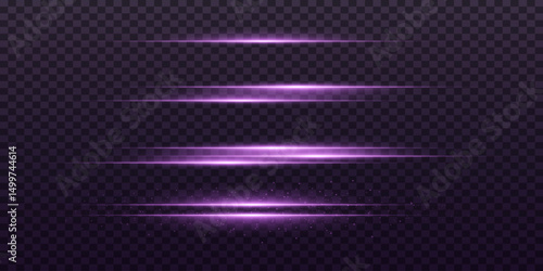 Set of abstract horizontal purple glowing lines. Dynamic movement of rays. Vector illustration in EPS format.