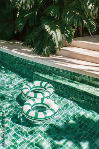 Summer Relaxation by the Poolside With Green Striped Floaties in a Tropical S...