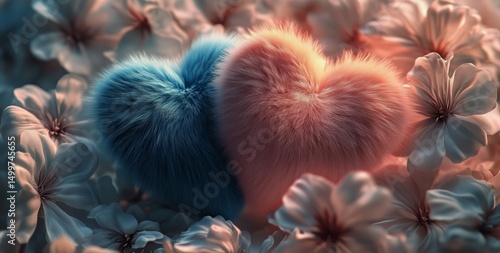 Colorful Fuzzy Hearts Nestled Among Delicate Flowers in a Serene Garden