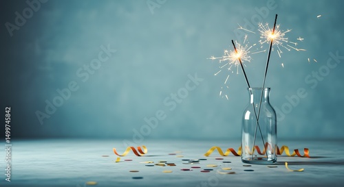 Sparkling Celebration Festive Sparklers in Glass Bottles with Colorful Confetti and Ribbons - Perfect for Party, New Year, Birthday, or Event Photography