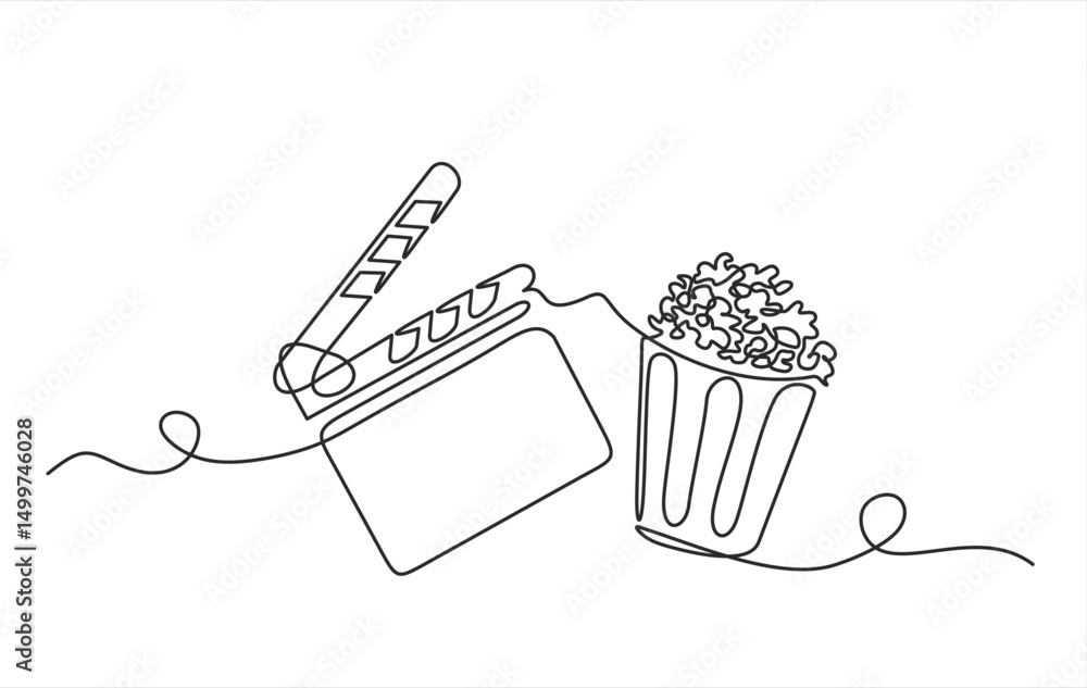 Clapper board and glass of popcorn continuous one line drawing. Movie scene episode production concept. Vector illustration isolated on white. Editable stroke.