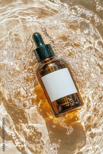 Amber Bottle With Dropper Floats in Golden Bubbles on Textured Surface in Ser...