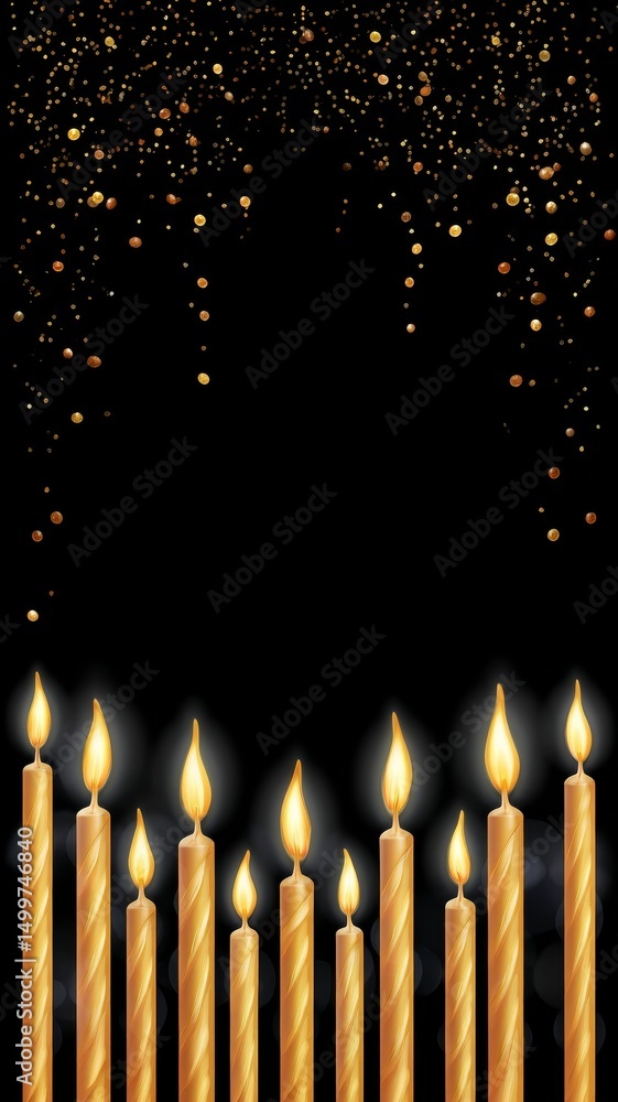 Festive Arrangement of Lit Birthday Candles with Falling Golden Confetti on Dark Background Festive Arrangement of Lit Birthday Candles with Falling Golden Confetti on Dark Background