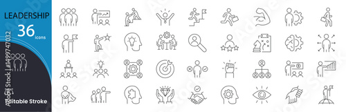 Leadership related icons set. Including vision, team, success, direction, decision, motivation, and influence. Editable stroke. outline icons.