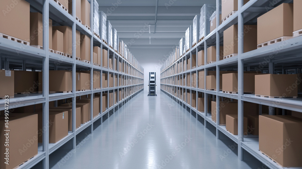 Fototapeta premium A spacious warehouse interior filled with neatly stacked cardboard boxes.