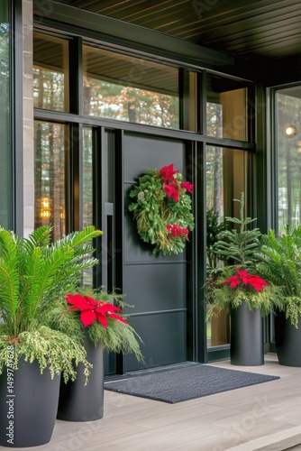 Festive Entrance With Holiday Wreath and Seasonal Plants in Contemporary Home...