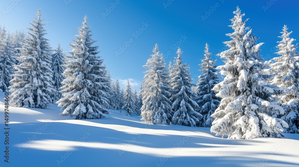 Naklejka premium Serene Snowy Winter Landscape Featuring Tall Pine Trees