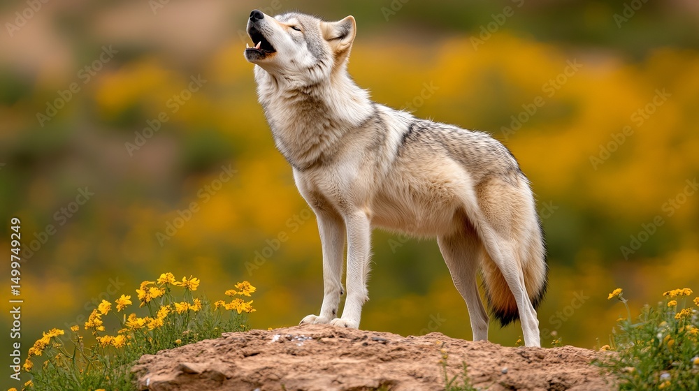 Fototapeta premium Majestic wolf howls while standing atop a rocky hill surrounded by blurred yellow wildflowers in the background.