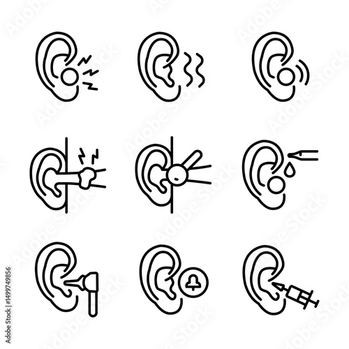 Otitis symptoms and treatment outline icons set. People experiencing earache, tinnitus, hearing loss and infections, using ear drops, medication and hearing aid. Vector signs for web graphics.