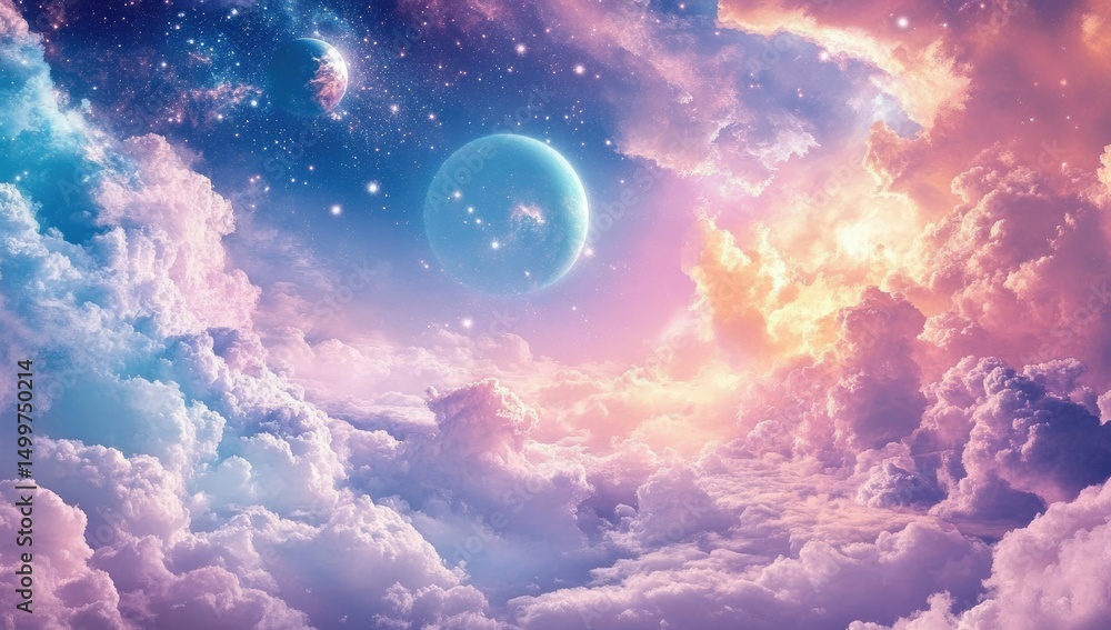 Obraz premium Dreamy, vibrant space cloudscape with celestial bodies