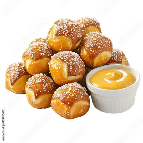 A handful of soft pretzel bites sprinkled with coarse salt, arranged in a casual pile with a cup of mustard sauce, isolated [Transparent Background PNG]