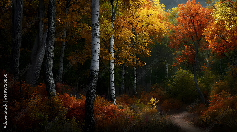 Fototapeta premium Autumn Forest Path With Colorful Foliage