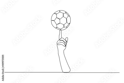Spinning football on finger continuous line art drawing. Sports concept vector illustration.
