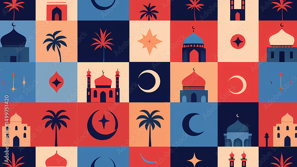 Colorful islamic geometric pattern with mosque, moon, and star elements Colorful islamic geometric pattern with mosque, moon, and star elements