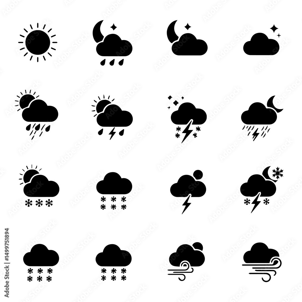 Weather icons set sun moon rain snow wind cloud symbols. Collection includes various weather conditions graphic elements: sun, moon, clouds, rain, snow, wind, and lightning. Perfect graphic resource Weather icons set sun moon rain snow wind cloud symbols. Collection includes various weather conditions graphic elements: sun, moon, clouds, rain, snow, wind, and lightning. Perfect graphic resource