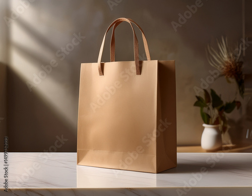 Generated Image of A kraft paper shopping bag mockup standing on a marble counter, handles slightly twisted and natural shadows around the base