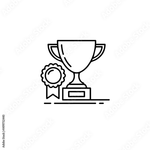 Winning trophy cup and medal award illustration. Golden trophy cup symbol on pedestal with ribbon medal. Winning trophy perfect for school achievement awards and certificates.