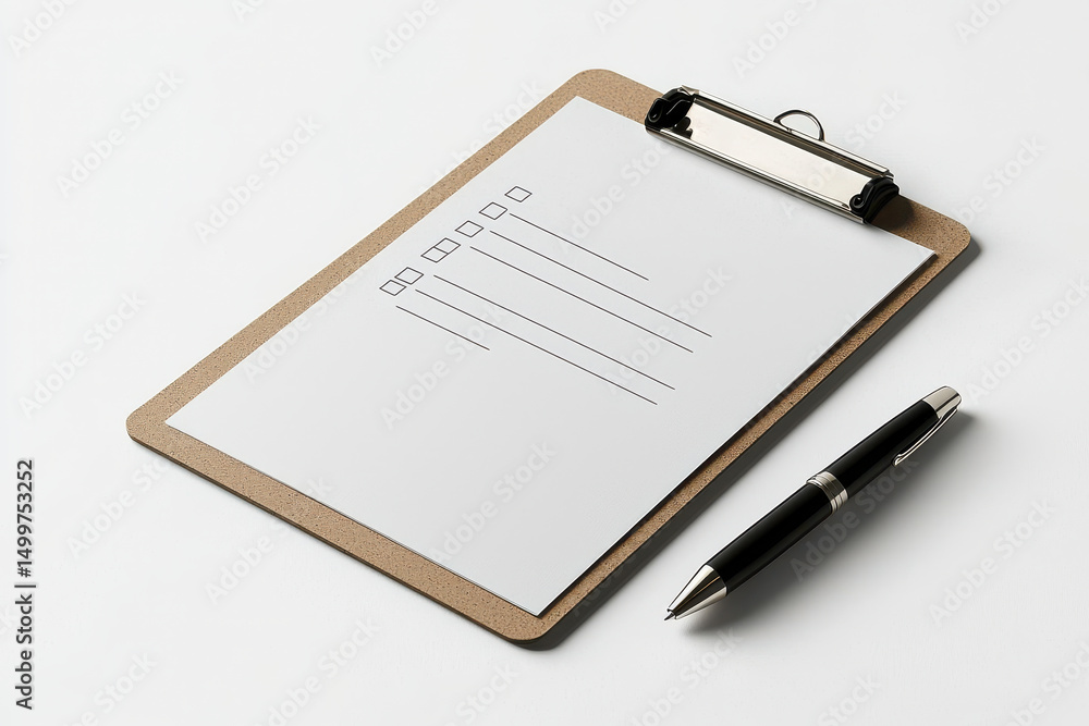 Clipboard with blank sheet and stylish pen, perfect for note taking or planning Clipboard with blank sheet and stylish pen, perfect for note taking or planning