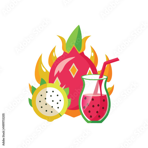 Flat and Minimal dragon fruit slices, juice icon vector illustration isolated on white background