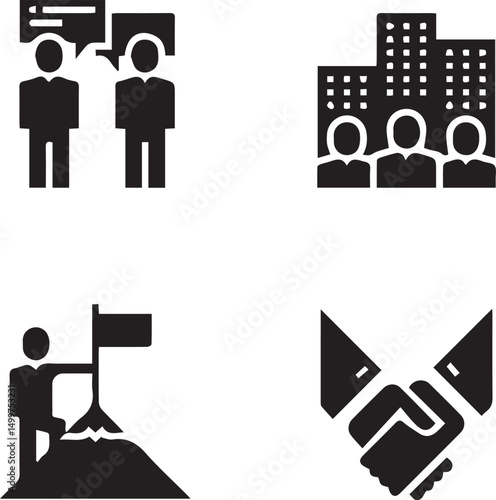 Business Icons: A collection of stylized icons representing collaboration, negotiation, achievement, and success, all rendered in a clean, modern design.