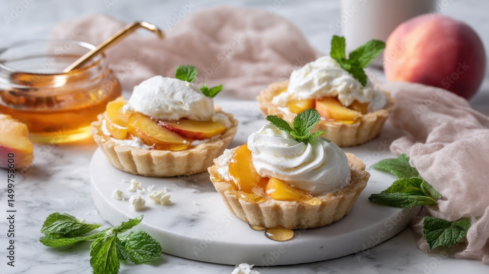 Peach tartlets with whipped cream and honey on marble table Peach tartlets with whipped cream and honey on marble table