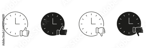 Clock With Thumbs Up And Down Line And Solid Icon Set. Time Management, Decision Making, Feedback Evaluation Symbol Collection. Productivity And Efficiency. Isolated Vector Illustration
