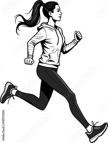 Black and white illustration of sporty woman running in hoodie and sneakers. Great for fitness, health, or active lifestyle visuals