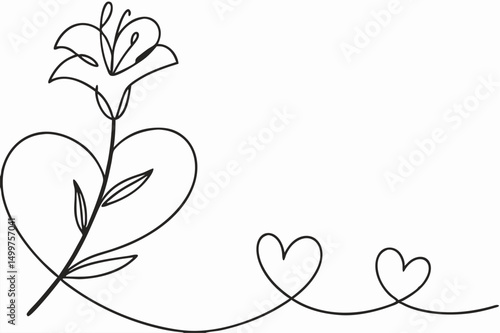 Line Art Lily Flower with Hearts: Romantic Design Element