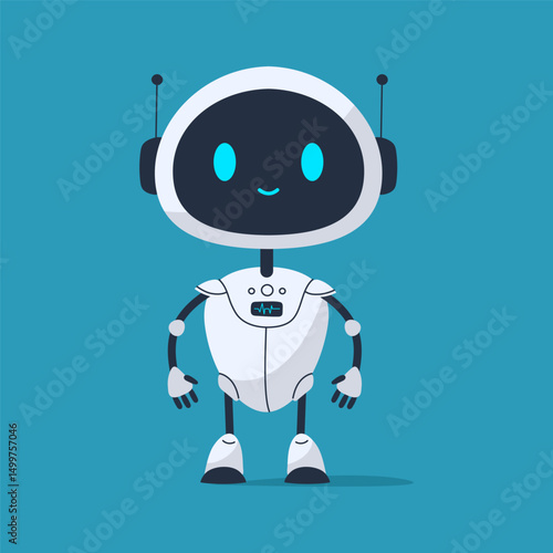 Cute smiling robot with cheerful expression and open arms. Friendly and positive futuristic character for apps, games, or tech designs