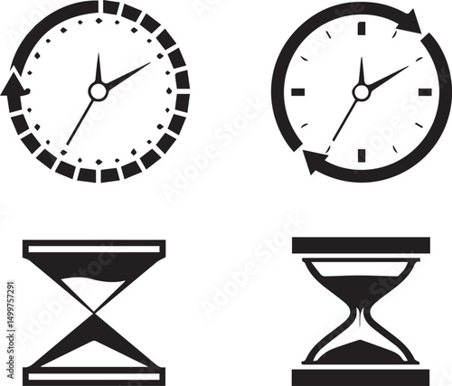 Time's Passage and Punctuality: This monochrome depiction masterfully merges clock and hourglass icons, a striking visual metaphor for the ceaseless flow of time, deadlines.